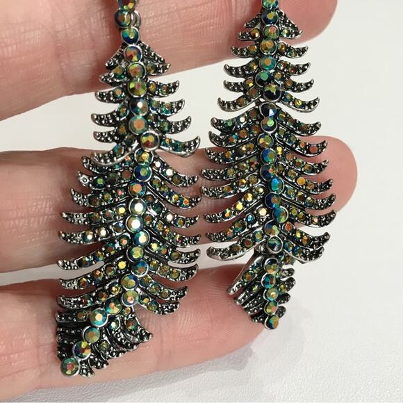 Silver Tone Articulated AB Blue Rhinestone Dangle Feather Earrings Pierced Long - Picture 3 of 9